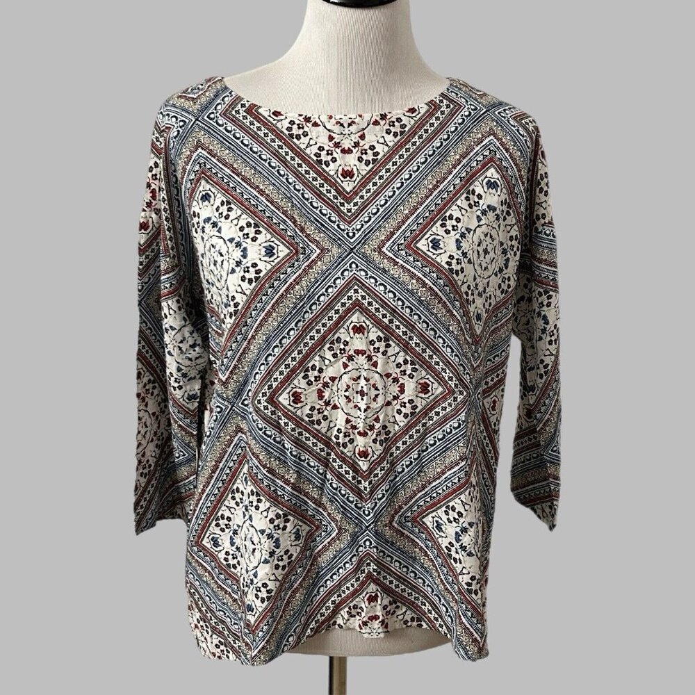 J. Jill Blouse Size Small Top Diamond Print Red Blue 3/4 Sleeve Button Back